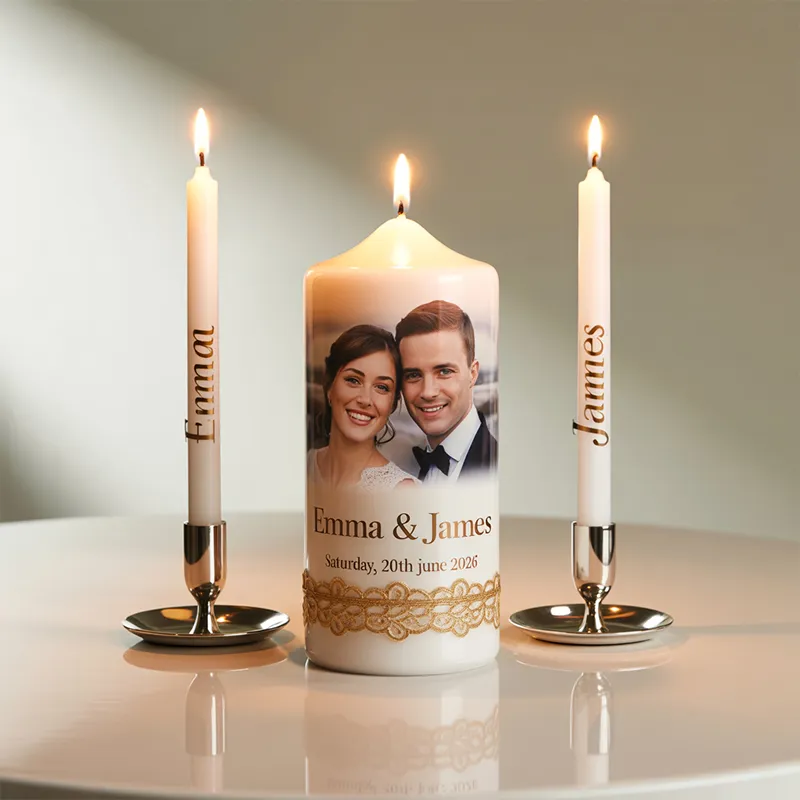 Personalized Wedding Unity Candle Set – Handmade Pillar with Matching Tapers for Bride and Groom